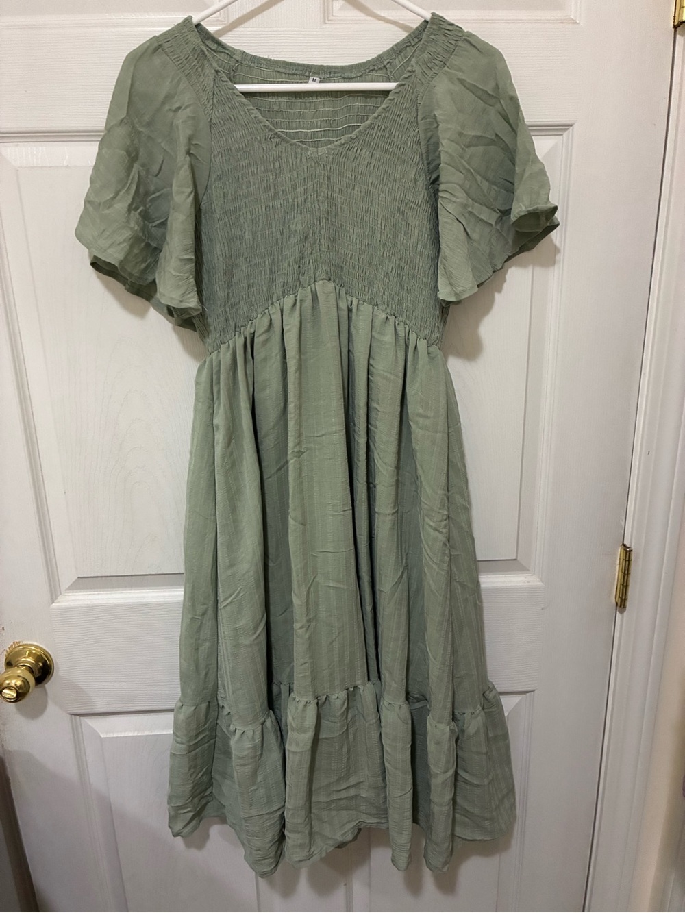 Light Sage Midi Dress with Smocked Bodice